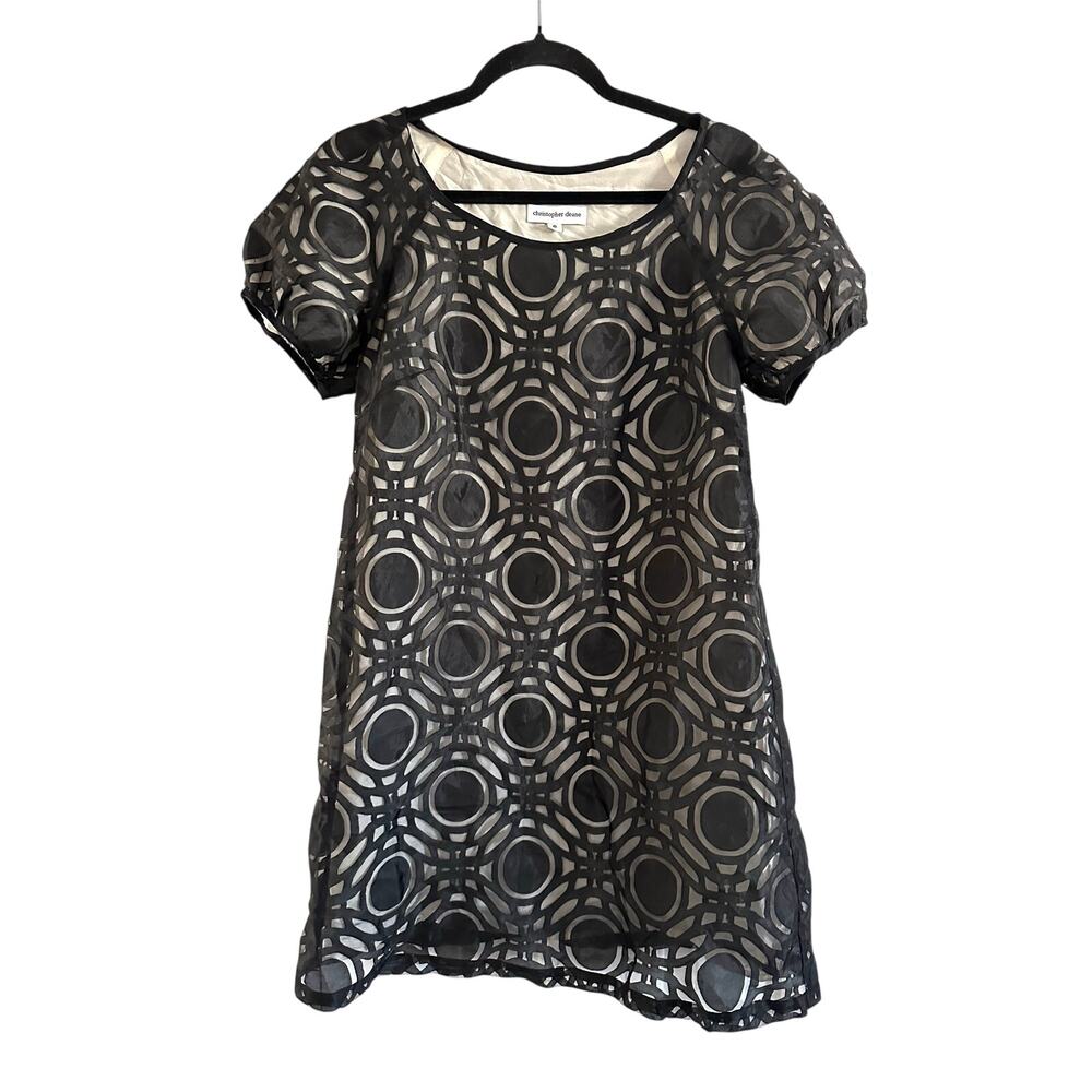 CHRISTOPHER DEANE Black Silk Puff Sleeve Mini Dress Geometric Circles - Sz 6